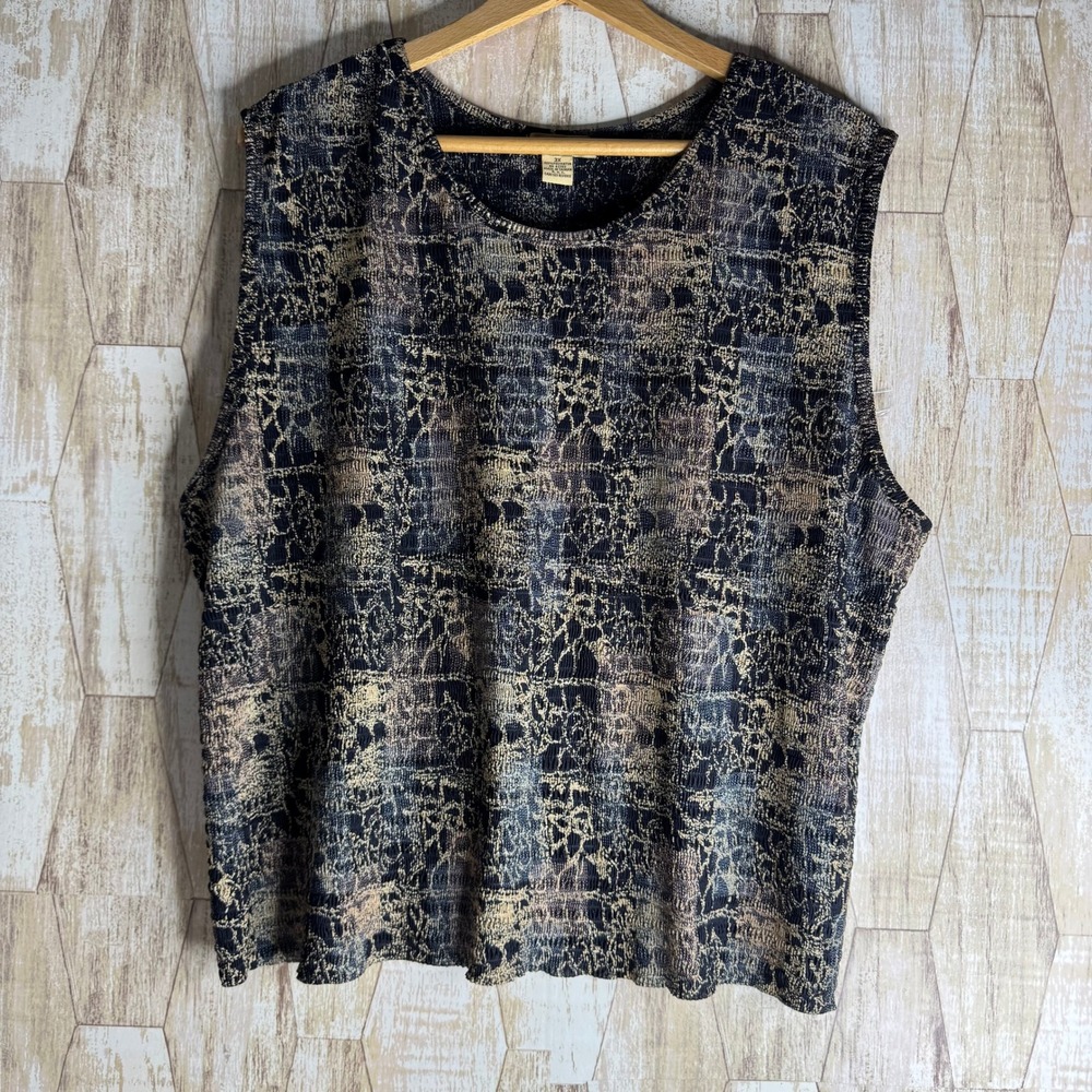 Plisse Womens 3X Tank Top Black Gold Textured Sleeveless Blouse